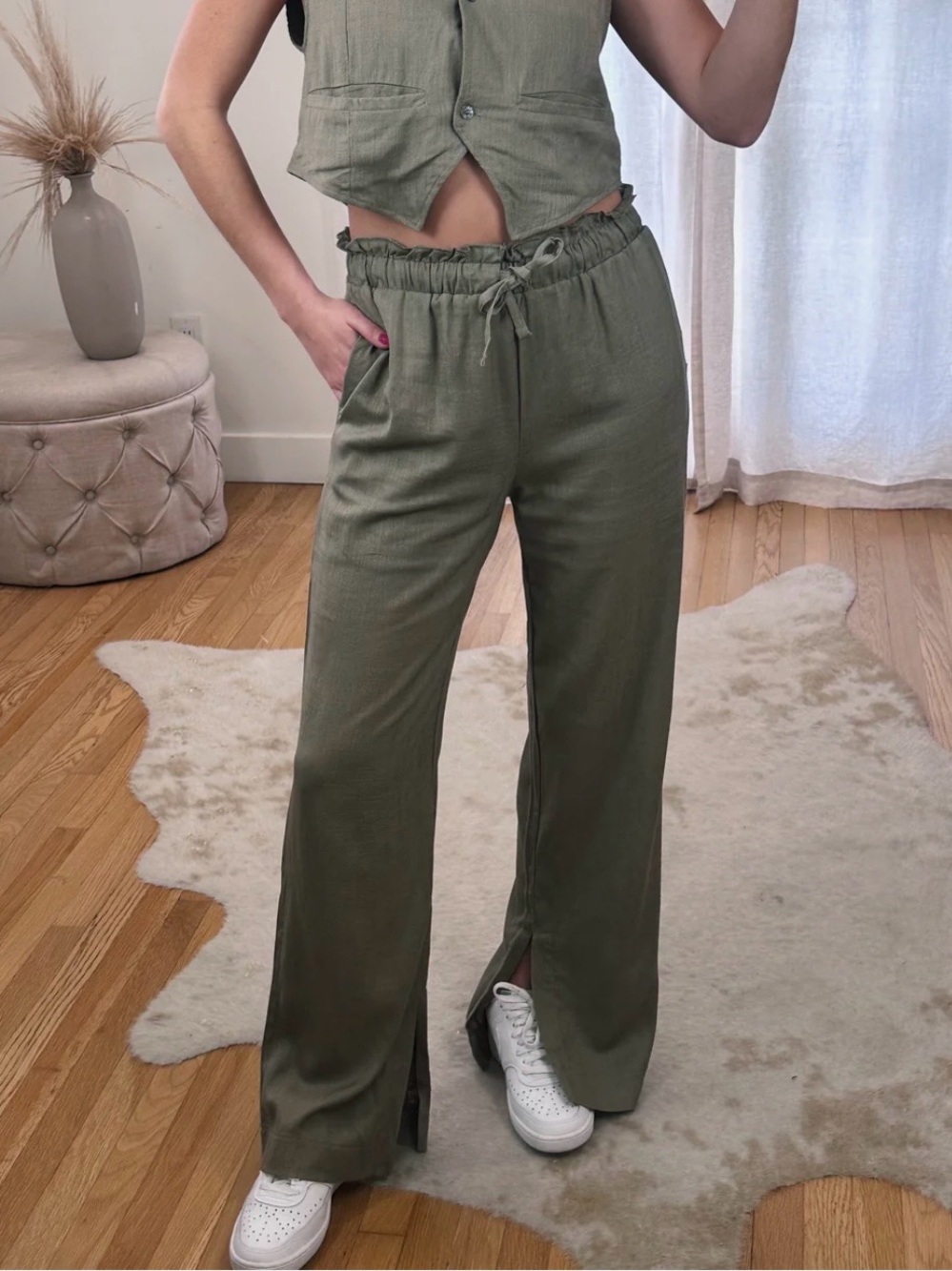 Mono B Olive Wide-Leg Drawstring Pants with Front Slits
